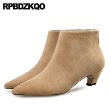 Autumn Fall Booties Chunky Women Ankle Boots Medium Heel Fashion Suede Big Size Shoes Pointed Toe Winter Fur 2021 Short Block 2024 - buy cheap