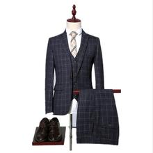 2019 Spring Men Fashion Grid Stripe Suit Men's Slim Fit Business Suits Men Wedding Tuxedo 3 Pieces Suits (Jacket+Vest+Pants) 2024 - buy cheap