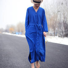 Johnature Women Blue Dress Cotton Linen Button 2021 Autumn Casual Vintage Loose Belt V-Neck Robes Brief Long Sleeve Maxi Dresses 2024 - buy cheap