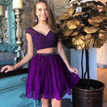 YNQNFS CD31 V Neck Cap Sleeves Crystal Beaded Lace Skirt Mini/Short Purple Two Piece Prom Dresses Party Dress 2024 - buy cheap
