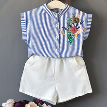 Girls Sets 2020 summer new children's clothing girls chiffon striped print sleeveless shirt + shorts suit 2024 - buy cheap