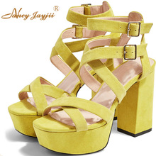 Yellow Cross-Tied High Chunky Heels Sandals Woman Large Size 11 14 Soft Leather Buckle Strap For Ladies 2022 New Fashion Dress 2024 - buy cheap