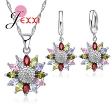 Conjunto de joyería de boda con hermosa flor, Circonia cúbica Multicolor, Plata de Ley 925, pendientes nupciales, collar 2024 - compra barato