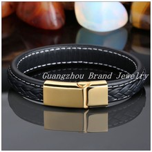 21cm(8.26")*12mm 30g New Design Stainless Steel Gold  color  Buckle With Black Genuine Leather Men's Bracelet Bangle,Good Gift 2024 - buy cheap