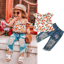 Kawgeett roupa de verão infantil, com estampa de abacaxi + calças jeans, rasgadas, roupas de novidade 2024 - compre barato