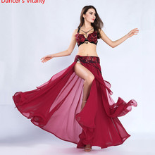 Conjunto de roupa de dança do ventre de luxo feminino, conjunto de 3 peças (cinto de sutiã, saia longa) + saia oriental de strass para dança 2024 - compre barato