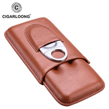 Leather Gadgets Travel Brown Cigar Case 3 Tube Travel Cigar Humidor Box Portable Cigar Holder With Cigar Cutter HT-1002d 2024 - buy cheap