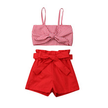 1-6Y Infant Kid Baby Girls Clothes Sets Sleeveless Bowknot Plaid Crop Tops Pants Shorts Outfit 2024 - buy cheap