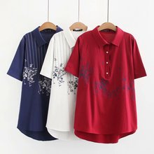 Camisetas de talla grande con bordado Floral para mujer, blusas de algodón de manga corta con cuello vuelto, camisetas para mujer 2019 2024 - compra barato