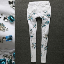 Cotton Women Rhinestones Denim Jeans Diamond skinny White Denim Ripped pencil jeans For 4 Season 2024 - buy cheap