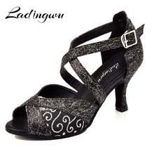 Ladingwu Glitter And Lace Latin Dance Shoes Women Salsa Golden Black Shoes For Ballroom Dancing Ladies Tango Dance Sandals 7.5cm 2024 - buy cheap