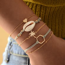 5 Pcs/Set Women Fashion Heart Shell Coconut Tree Bead Geometric Leather Gold Chain Bracelet Charm Valentines Day Jewelry Gift 2024 - buy cheap