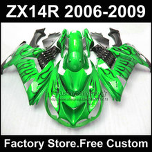 Инжекционный обтекатель мотоцикла для Kawasaki 2006 2007 2008 2009 ZX14R Ninja ZX 14R 06-09 черное пламя в зеленом обтекателе части 2024 - купить недорого