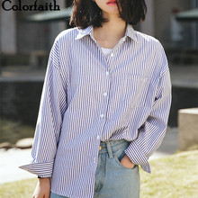 Colorfaith blusas & camisas femininas 2021 primavera verão senhoras listrado botões moda oversize selvagem camisa bl1021 2024 - compre barato