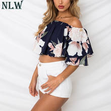 NLW Bohemian Off Shoulder Chiffon Blouse Shirt 2018 Women Elegant Ruffle Blouse Tops Floral Print Flare Sleeve Summer Crop Top 2024 - buy cheap