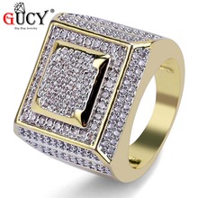 GUCY Hip Hop Men's Ring Copper Gold Color Plated All Iced Out Micro Pave Cubic Zircon Stones Square Rings Charm Jewelry For Men 2024 - buy cheap