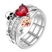 Gótico Do Crânio Dedo 3 cor Prata casamento anéis criados Para As Mulheres Menina Coração Vermelho de Cristal de Zircão Rosa Flor Da Moda Jóias anéis 2024 - compre barato