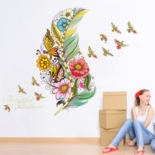 Красочные 3D яркие перья, цветы, настенные Стикеры, искусство птиц, самоклеящаяся фреска из ПВХ 2024 - купить недорого