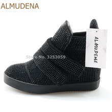 ALMUDENA Ladies Bling Bling Black Grey Crystal Sneakers Hook&Loop Height Increasing Wedge Heels Casual Shoes Ankle Boots 2024 - buy cheap