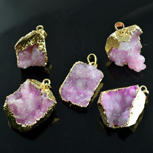 Colgante de Piedra geoda de cuarzo drusa de Color rosa, gemas de cristal de Color dorado, 5 uds./lote 2024 - compra barato