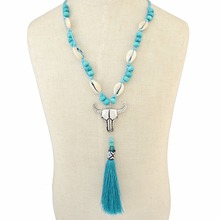 Bohemian Handmade Rope Chain Wooden Beaded Shell Cattle Pendant Necklace Rope Tassel Long Necklaces For Women Fashion Jewelry 2024 - buy cheap