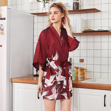 Daeyard Silk Satin Crane Print Short Kimono Self Belted Robe V Neck Half Sleeve Women Summer Dressing Gown Night Robe Sleepwear 2024 - buy cheap