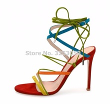 Young Girl's Multi-color Thin Strappy Sandals Stiletto Heels Lace-up Cross Strappy Dress Pumps Colorful Tied Party Shoes 2024 - buy cheap