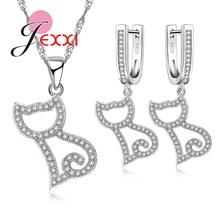 Novidade conjunto de joias 925 prata esterlina bijuteria adorável gato cristal de casamento brinco colar de corrente para mulheres 2024 - compre barato