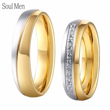1 par casais anéis conjuntos de titânio aço casamento engagament banda 6mm para homens mulher com cz pedra ouro cor 2024 - compre barato