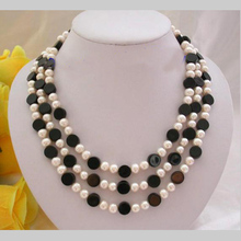 Gorgeous Pearl Jewellery,3Rows 8mm Round Black Agates White Freshwater Pearls Necklace,Free Shipping 2024 - buy cheap