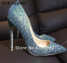 YUE JABON Real pictures Blue glitter bling pu leather pointed toe 12CM 10cm 8cm women lady girl sexy high heel shoes pumps 2024 - buy cheap