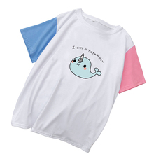 Harajuku verão manga curta t camisa das mulheres casuais kawaii dos desenhos animados da baleia camisa feminina coreano bonito colorblock retalhos de algodão topos 2024 - compre barato