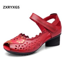 Hot 2022 Summer New Ethnic Style Hollow Cow Leather Shoes Sandals Women Open Toe High Heels Sandals Women Non-slip Women Sandals 2024 - buy cheap