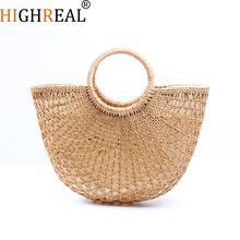 HIGHREAL Wrapped Beach Bag Moon Shaped Bag 2019 New Summer Andmade Bags Women Pompon Beach Weaving Ladies Straw Bag 2024 - buy cheap