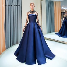 CRYSTAL JIANG 2018 High Neck Heavy Major Beaded A Line Arabic Style Long Sleeves Formal Navy Luxury Evening Dresses 2024 - buy cheap