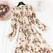 2020 Spring Summer New Women Print Pleated Chiffon Dress Hot Fashion Female Casual Flare Sleeve Lotus leaf neck Basic Dresses 2024 - buy cheap