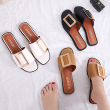 Women White/Brown Sandals Big Size 42/43 Metal Buckle Flipflops Ladies Flat Slippers Leather Shoes Summer Women Slides Sandalias 2024 - buy cheap