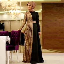 Gold Black Muslim Evening Dresses A-line Long Sleeves Sequins Sparkle Islamic Dubai Saudi Arabic Long Formal Evening Gown 2024 - buy cheap