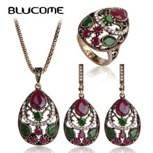Blucome Women Jewelry Sets Turkish Water Drop Pendants Princess Hooks Earring Bijoux Retro Vintage Necklace Earrings Rings Set 2024 - compre barato