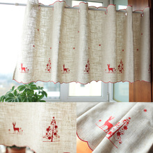 Christmas Decoration Holiday Short Kitchen Curtain Linen Material Red Elk Embroidered 2024 - buy cheap