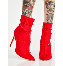 Sestito bota feminina estilo stiletto, calçado feminino vermelho/preto com rebites cor sólida, bico fino 2024 - compre barato