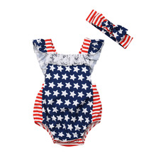 Pudcoco, лето 2019, комплект из 2 предметов для новорожденных девочек с американским флагом, боди с 4 июля, повязка на голову, наряды, праздничная одежда без рукавов 2024 - купить недорого