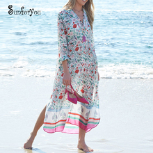 New Chiffon Maxi Bohemian Dress V Neck Print Floral Women Summer Long Sleeve Holiday Dress Beach Tunic Plus size Pareos Tunic 2024 - buy cheap