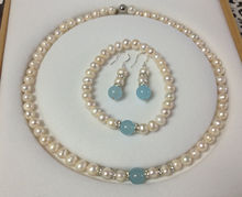 Real White Akoya Cultured Pearl/Aquamarine bracelets necklace earrings set Nobox 2024 - buy cheap