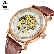 MG. Orpesa-reloj de oro rosa para hombre, de lujo, con esfera grande, automático, correa de cuero, esqueleto mecánico 2024 - compra barato