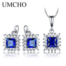 UMCHO Real 925 Sterling Silver Jewelry Sets Created Sapphire Clip Earrings Necklaces Party Elegant Gift For Women Fine Jewelry 2024 - buy cheap