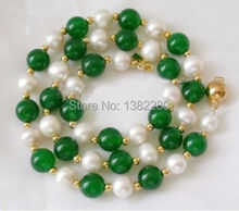 7-8mm White Akoya Pearl Green chalcedony Round Beads Necklace 2 piece/lot fashion Women jewelry gift Accessories 18" JT5599 2024 - buy cheap