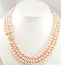 Hermosa 3 filas 7-8mm collar de perlas rosas 18 "-20" 2024 - compra barato