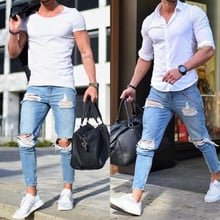 New Men's Jeans Stretch Destroyed Ripped Design Fashion Ankle Zipper Skinny Jeans For Men Plus Size 2024 - buy cheap