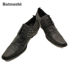 Batzuzhi calçados masculinos de couro, calçados estilo britânico tipo aumentado para homens, sapatos de salto fino com rebites, tamanho grande 46 2024 - compre barato